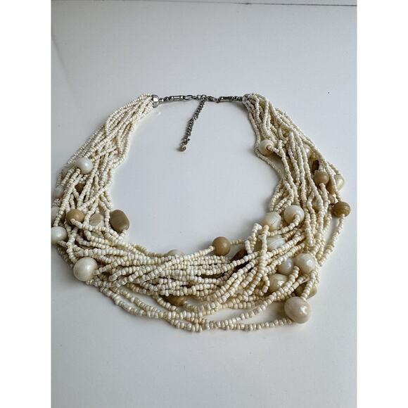 Vintage Multi Strand Beaded SlNecklace Twisted, Cream & Tan Shells, J-01 - Picture 10 of 11